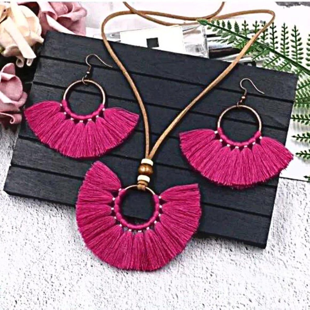 Boho Tassel Necklace & Earrings Set Fan Fringe Statement Festival Jewelry - Picture 2 of 6